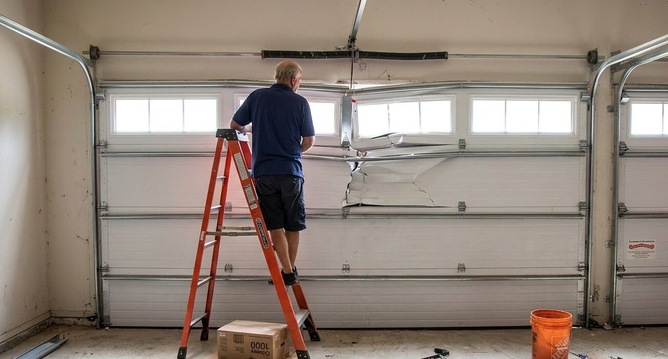 Garage door opener motor head and rail in a Florida garage