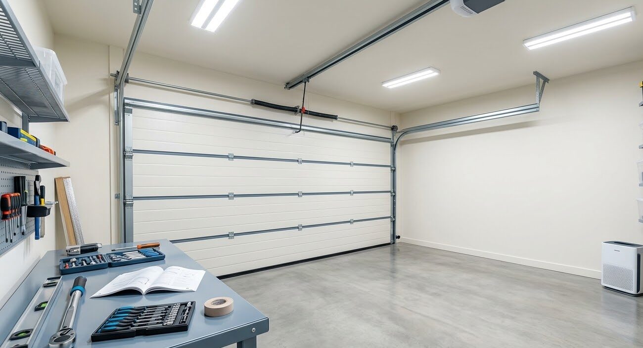 Garage door safety sensor at the bottom of the track