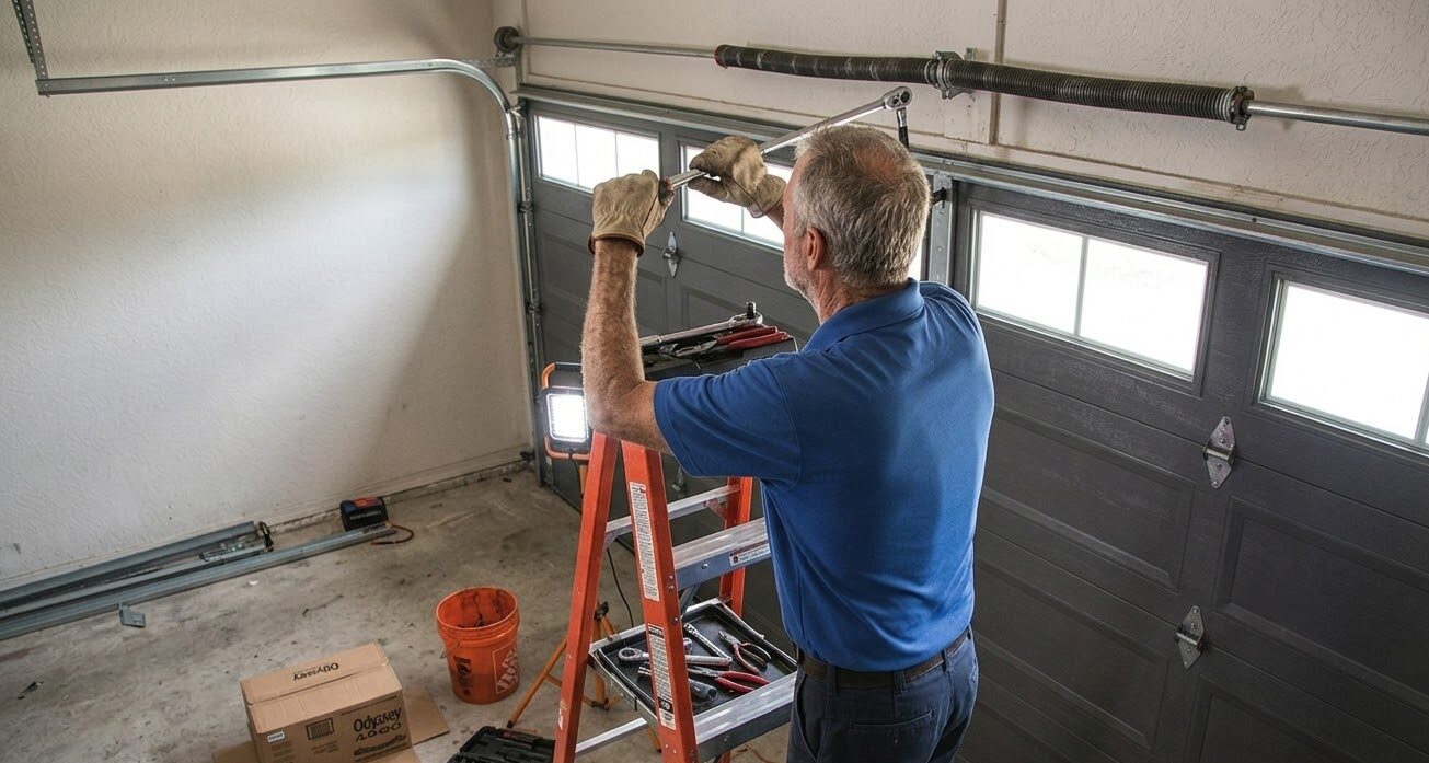 Close view of a frayed garage door lift cable at the bottom bracket of a Florida garage door